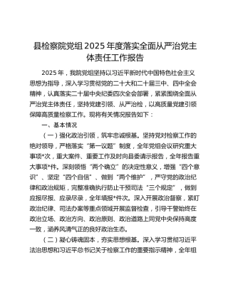 县检察院党组2025年度落实全面从严治党主体责任工作报告