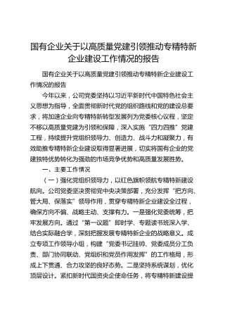 国企公司关于以高质量党建引领推动专精特新企业建设工作情况的报告