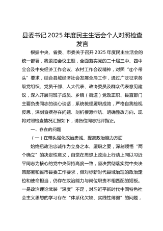 县委书记2025年度民主生活会个人对照检查