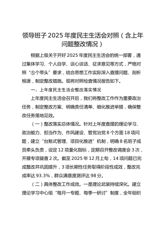 领导班子2025年度民主生活会对照（含上年问题整改情况）