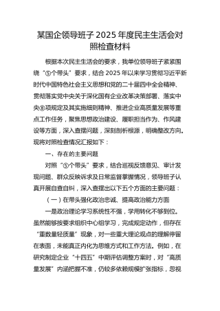 国企领导班子2025年度民主生活会对照检查材料3