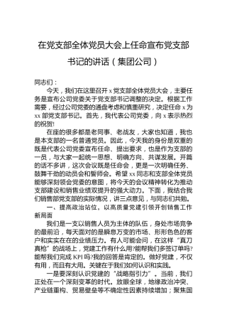 在党支部全体党员大会上任命宣布党支部书记的讲话（集团公司）