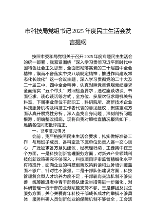 市科技局党组书记2025年度民主生活会发言提纲