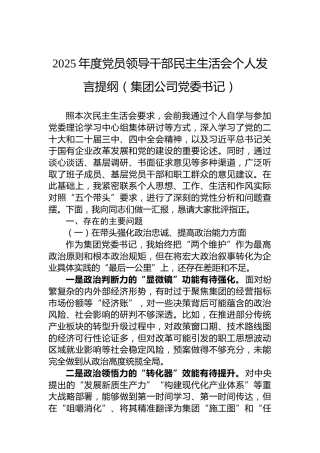 2025年度党员领导干部民主生活会个人发言提纲（集团公司党委书记）