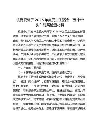 镇党委班子2025年度民主生活会“五个带头”对照检查材料