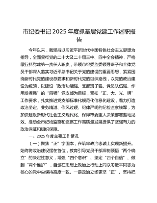 市纪委书记2025年度抓基层党建工作述职报告