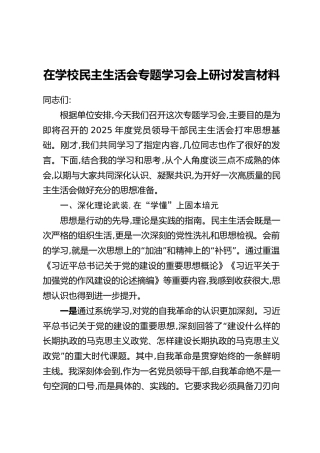 在学校民主生活会专题学习会上研讨发言材料
