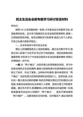 民主生活会会前专题学习研讨发言材料