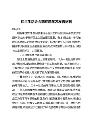 民主生活会会前专题学习发言材料