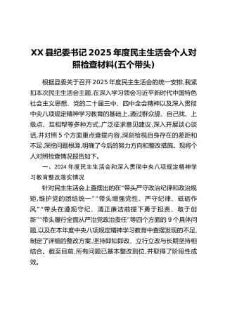 XX县纪委书记2025年度民主生活会个人对照检查材料（五个带头）