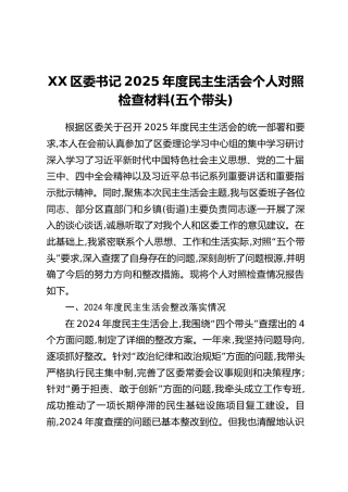 XX区委书记2025年度民主生活会个人对照检查材料(五个带头)