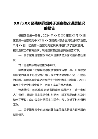 XX市XX区残联党组关于巡察整改进展情况的报告