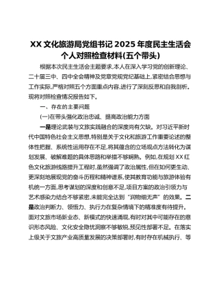 XX文化旅游局党组书记2025年度民主生活会个人对照检查材料(五个带头)