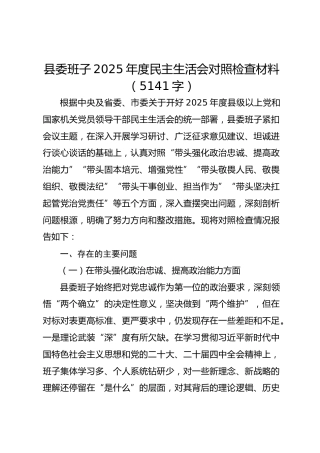 县委班子2025年度民主生活会对照检查材料（5141字）