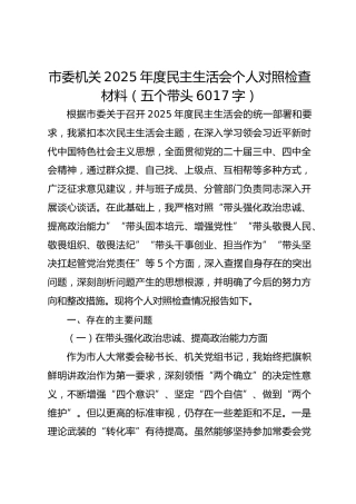 市委机关2025年度民主生活会个人对照检查材料（五个带头 6017字）