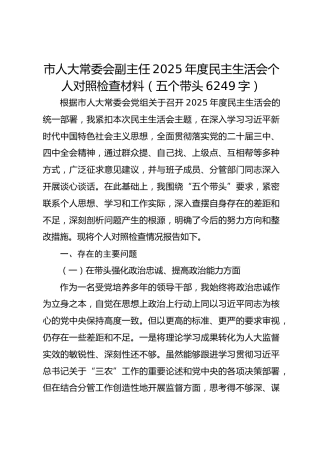 市人大常委会副主任2025年度民主生活会个人对照检查材料（五个带头 6249字）