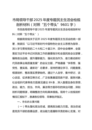 市局领导干部2025年度专题民主生活会检视剖析材料（对照“五个带头” 9601字）