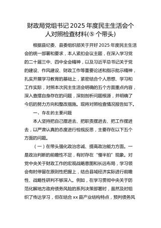 财政局党组书记2025年度民主生活会个人对照检查材料