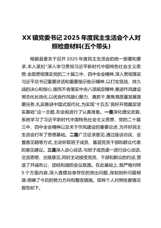XX镇党委书记2025年度民主生活会个人对照检查材料（五个带头）