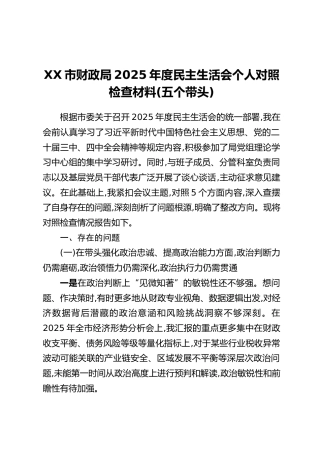 XX市财政局2025年度民主生活会个人对照检查材料(五个带头)