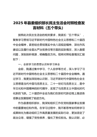 2025年县委组织部长民主生活会对照检查发言材料（五个带头）