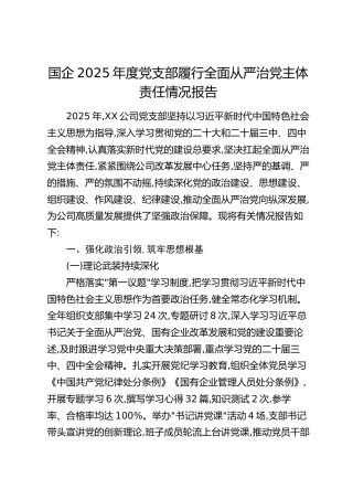 国企2025年度党支部履行全面从严治党主体责任情况报告