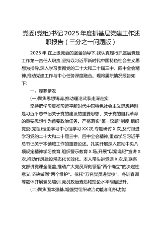 党委（党组）书记2025年度抓基层党建工作述职报告