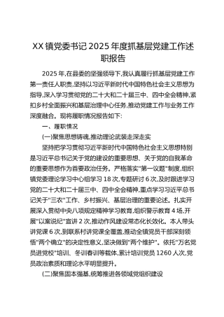 XX镇党委书记2025年度抓基层党建工作述职报告
