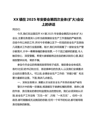 XX镇在2025年安委会第四次全体(扩大)会议上的讲话