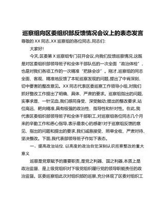巡察组向区委组织部反馈情况会议上的表态发言