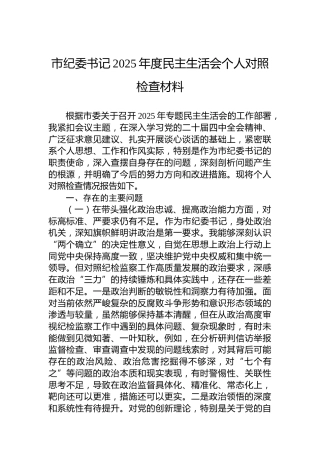 市纪委书记2025年度民主生活会个人对照检查材料