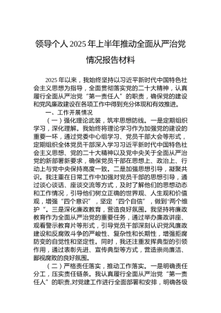 领导个人2025年上半年推动全面从严治党情况报告材料