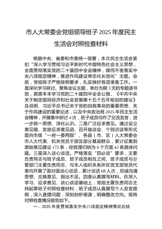 市人大常委会党组领导班子2025年度民主生活会对照检查材料