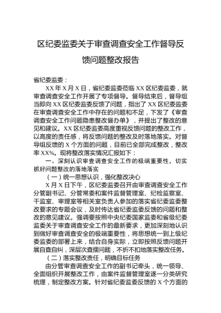 区纪委监委关于审查调查安全工作督导反馈问题整改报告