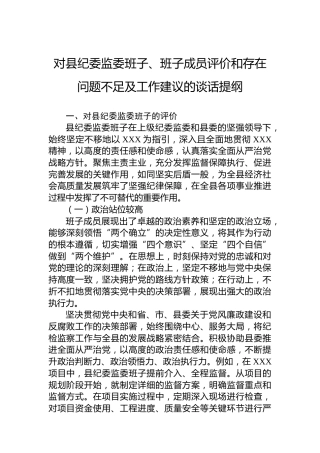 对县纪委监委班子、班子成员评价和存在问题不足及工作建议的谈话提纲