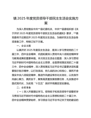 镇2025年度党员领导干部民主生活会实施方案