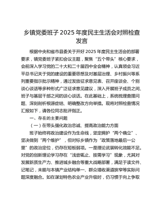 乡镇党委班子2025年度民主生活会对照检查发言（五个带头）