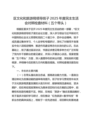 区文化和旅游局领导班子2025年度民主生活会对照检查材料（五个带头）