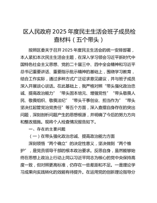 区人民政府2025年度民主生活会班子成员检查材料（五个带头）