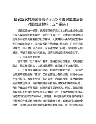 区农业农村局领导班子2025年度民主生活会对照检查材料（五个带头）