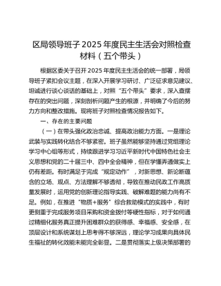 区局领导班子2025年度民主生活会对照检查材料（五个带头）