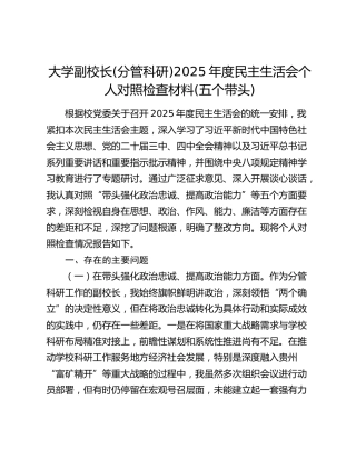 大学副校长(分管科研)2025年度民主生活会个人对照检查材料(五个带头)