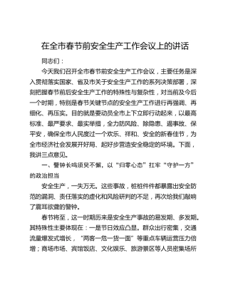 在全市春节前安全生产工作会议上的讲话