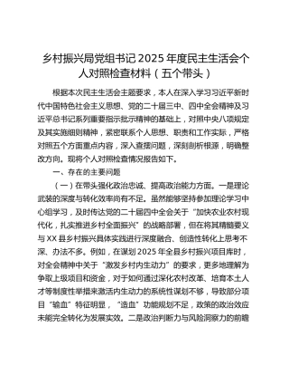 乡村振兴局党组书记2025年度民主生活会个人对照检查材料（五个带头）
