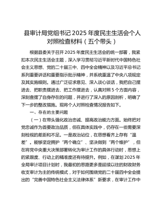 县审计局党组书记2025年度民主生活会个人对照检查材料（五个带头）