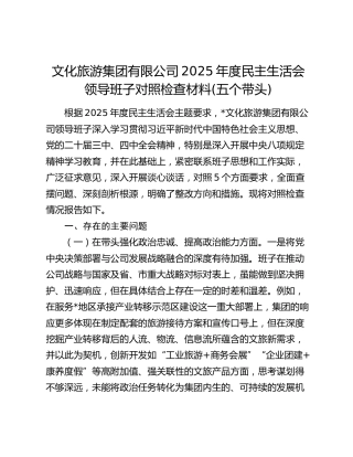 文化旅游集团有限公司2025年度民主生活会领导班子对照检查材料(五个带头)