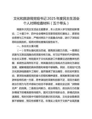 文化和旅游局党组书记2025年度民主生活会个人对照检查材料（五个带头）