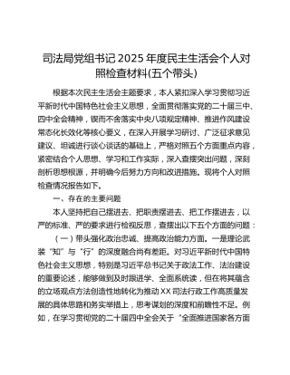 司法局党组书记2025年度民主生活会个人对照检查材料(五个带头)