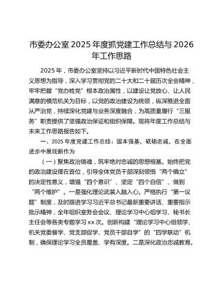市委办公室2025年度抓党建工作总结与2026年工作思路