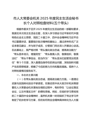 市人大常委会机关2025年度民主生活会秘书长个人对照检查材料(五个带头)